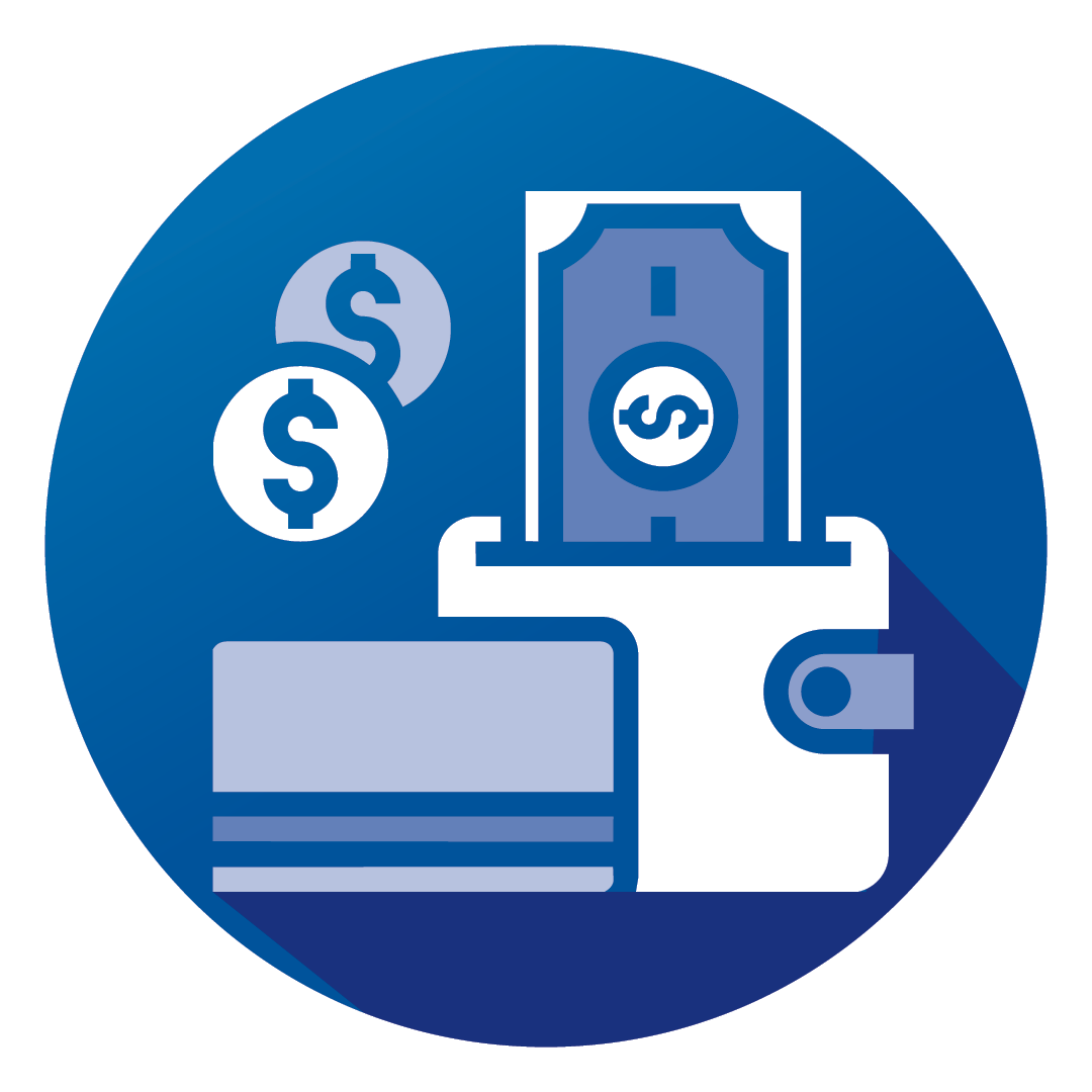 blue finance icon with a dollar in a wallet, two coins and a credit card